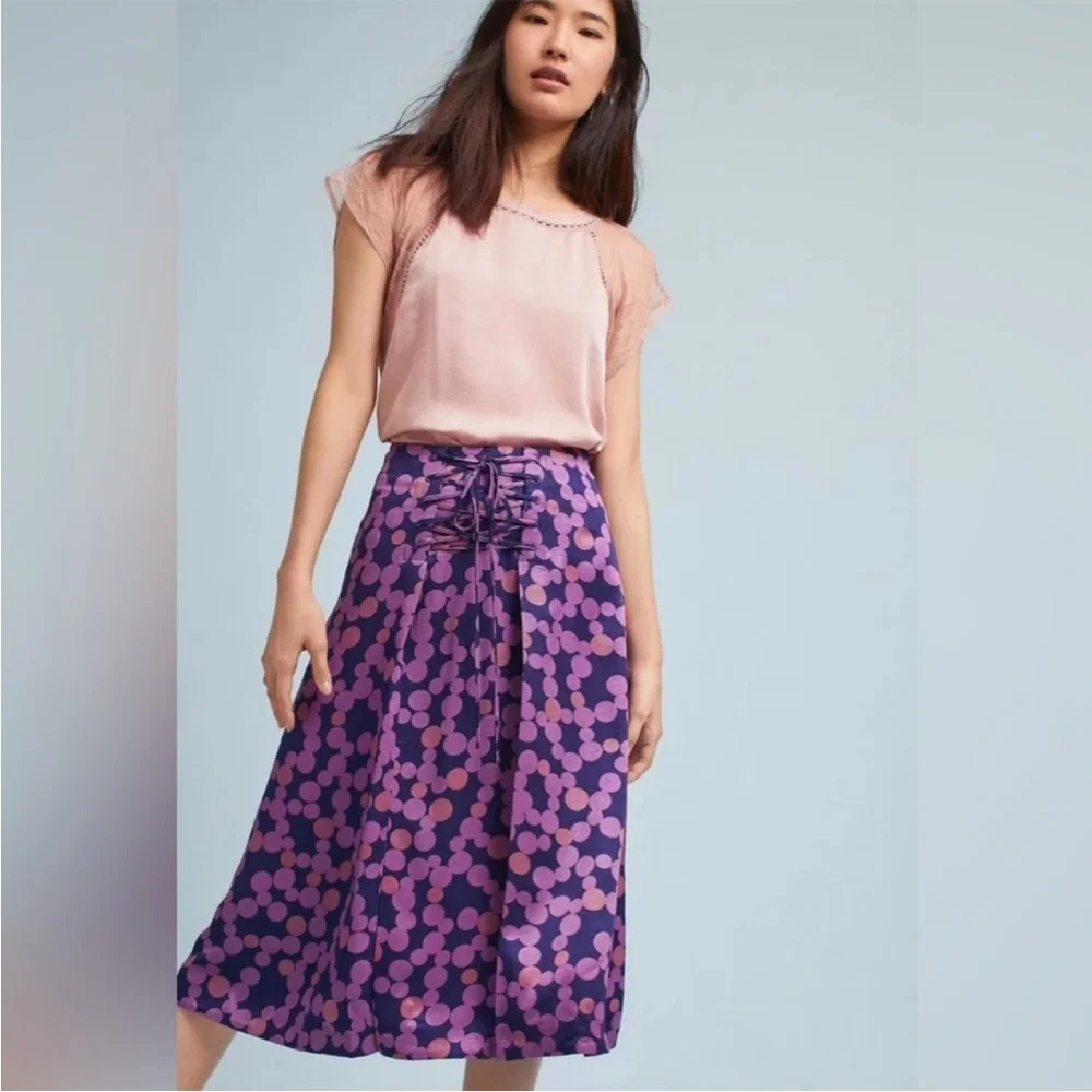Anthropologie Maeve Zadie Lace Up Midi Skirt Purple Polka Dot Sz 8 - Picture 4 of 11